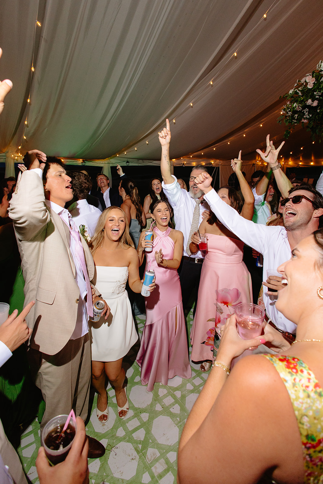 Guests celebrating with hands in the air on the dance floor